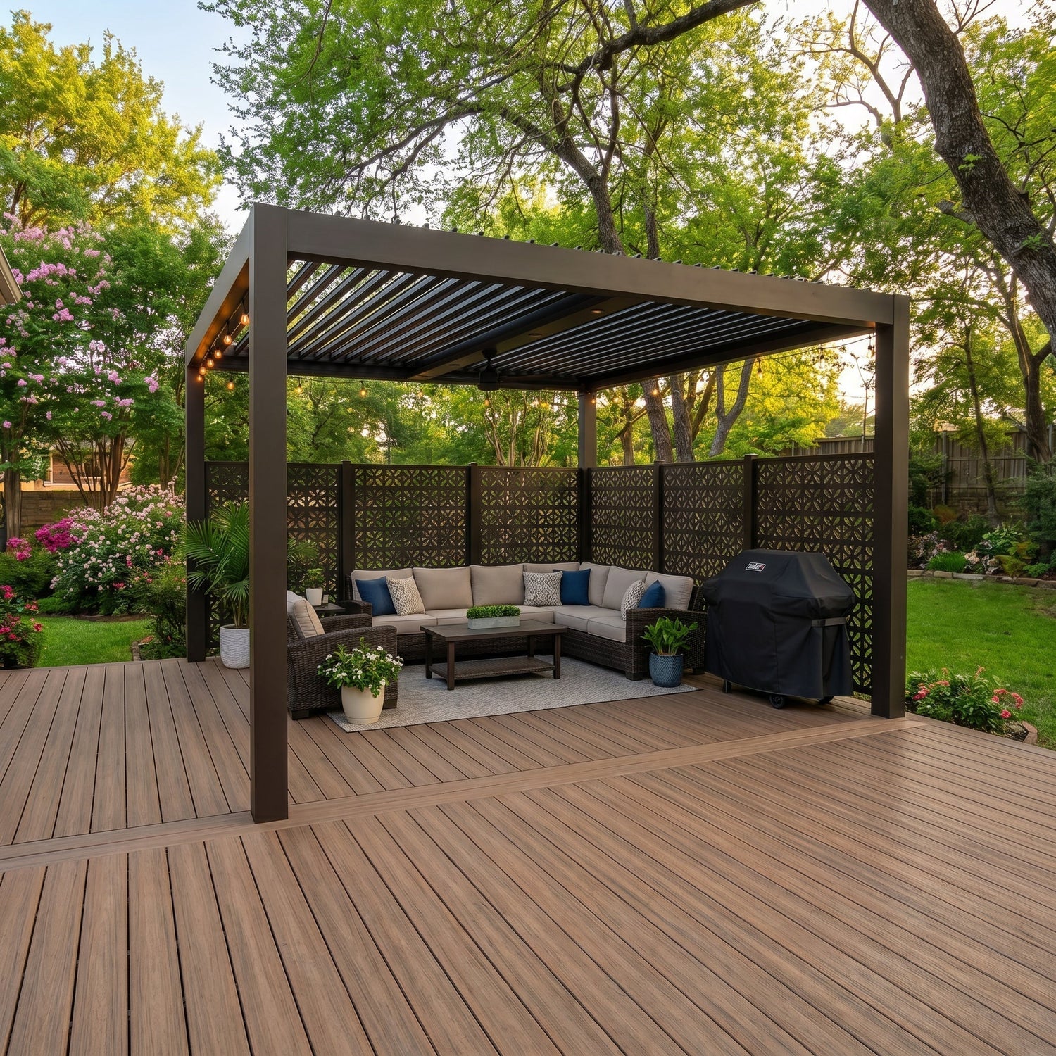A dark bronze HIDEAWAY TitanCover motorized louvered-roof aluminum pergola over a composite deck, with laser-cut aluminum privacy screens enclosing a backyard lounge and grill area at dusk.